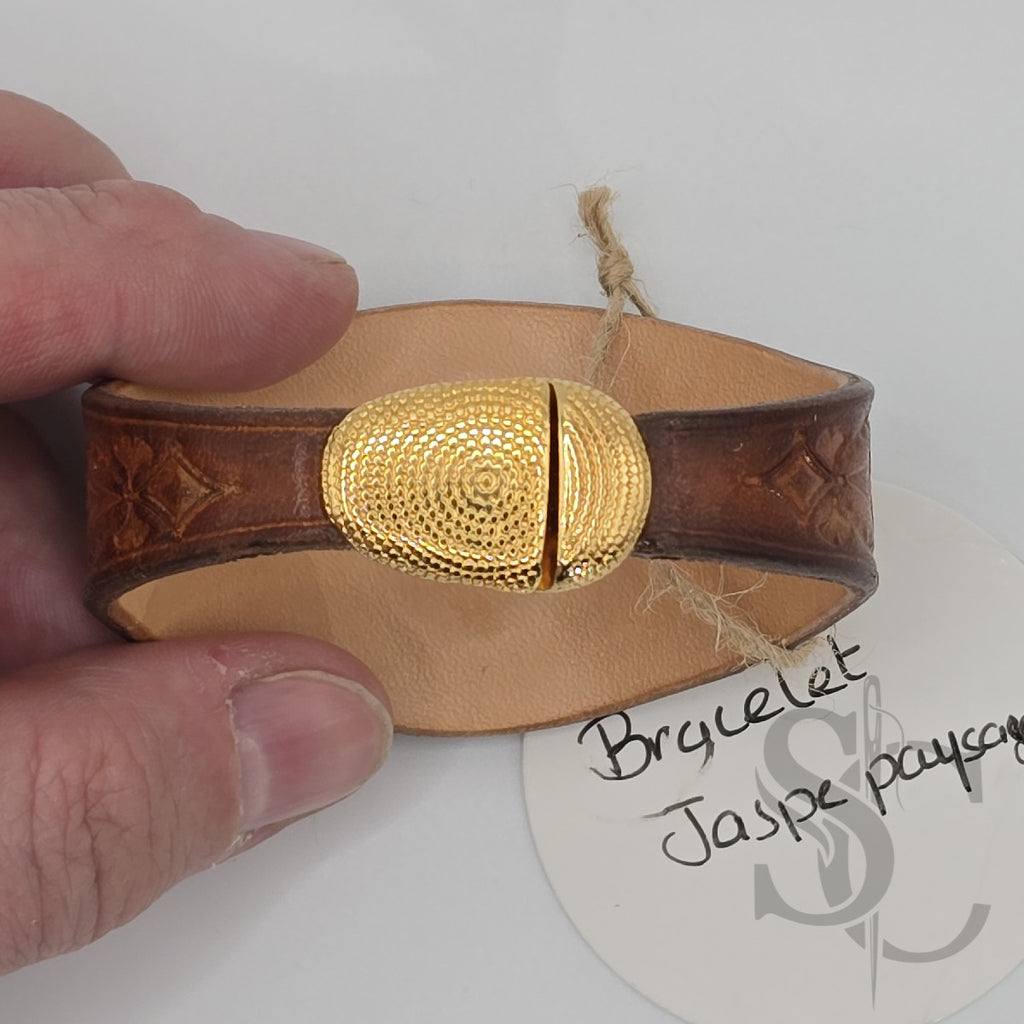 Bracelet en cuir avec jaspe paysage sur marron
