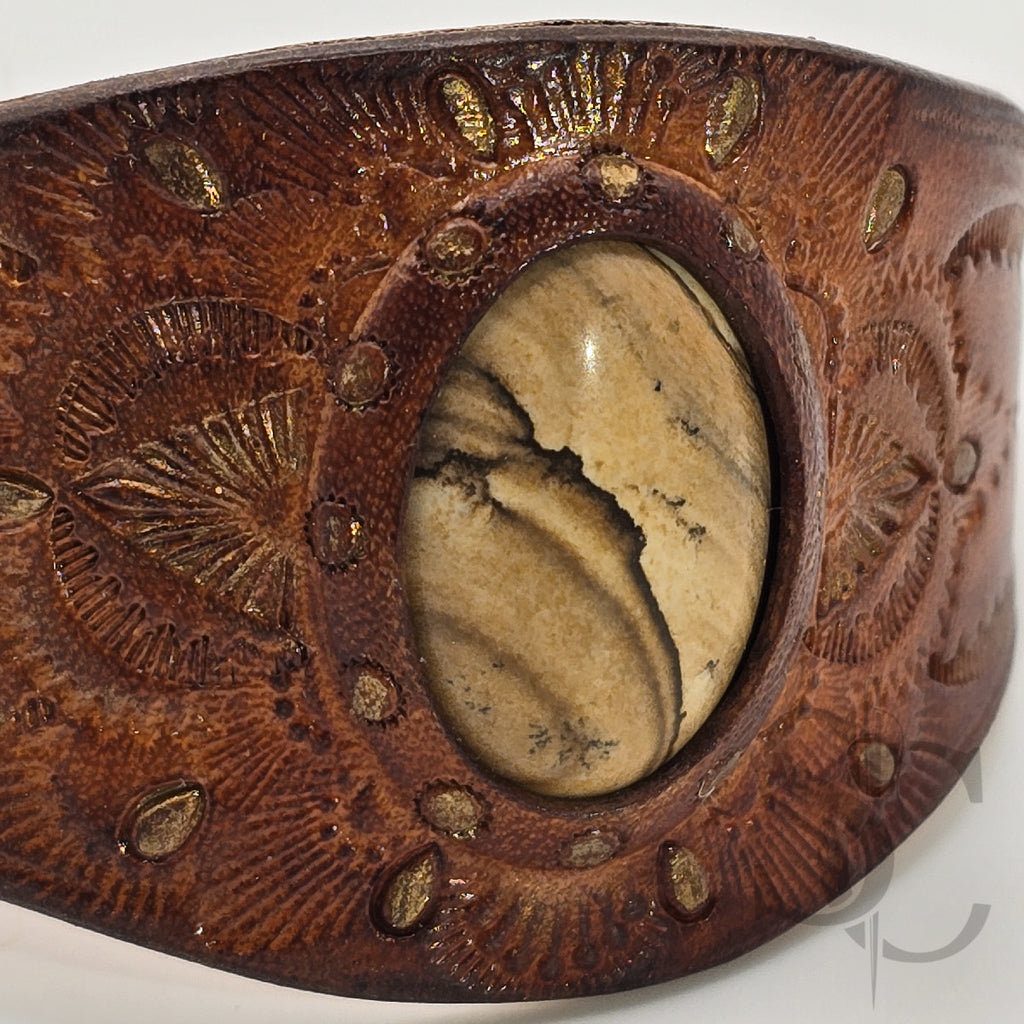 Bracelet en cuir avec jaspe paysage sur marron