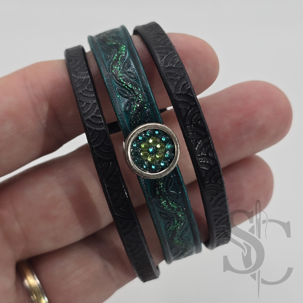Bracelet 3 brins vert et argenté