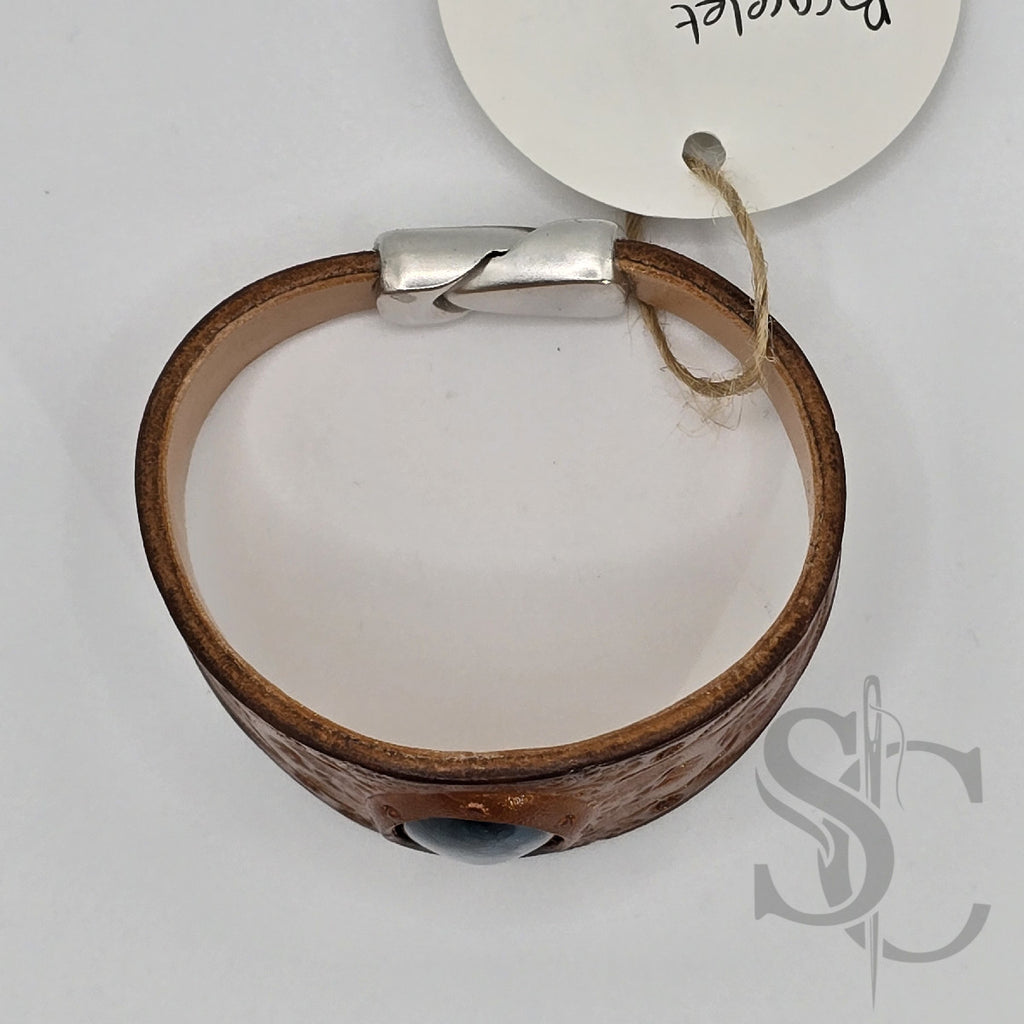 Bracelet en cuir avec agate veine de dragon bleue sur tan